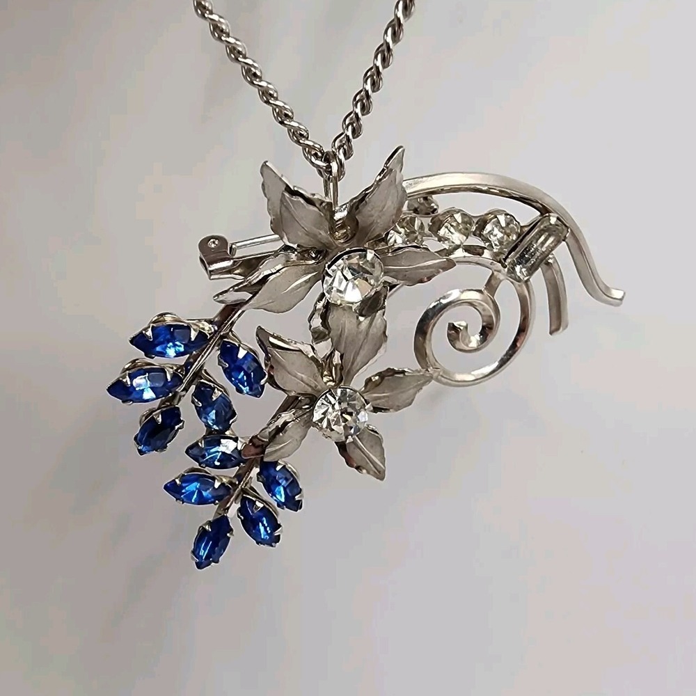 Cobalt Blue Rhinestone Floral Spray Silver Tone Pendant Brooch Retro Statement - Picture 6 of 16
